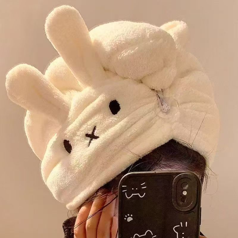 Hair Care In Japan - かわいいウサギ耳帽子ミッフィー ドライヘアキャップ 厚手コーラルフリース素材でケアと吸水に最適 Y2Kファッション おもちゃ アニメ