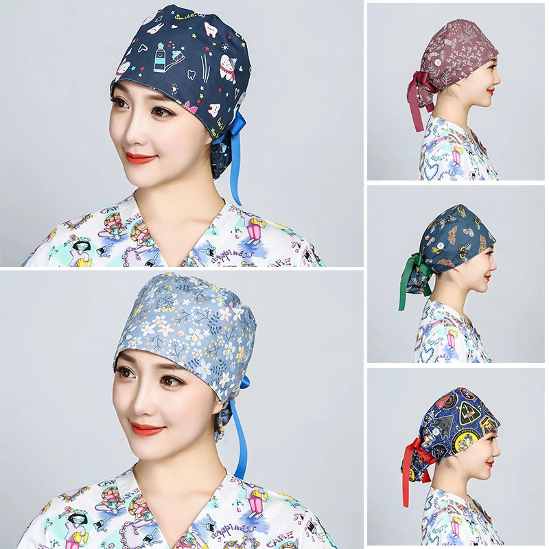 Hair Care Hospital - プリント手術キャップスクラブコットンボタン付きドクターラップロングヘア調節可能なレースアップ女性美容ケア病院アクセサリー